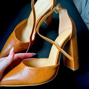 Camel colored pointed blocky heels